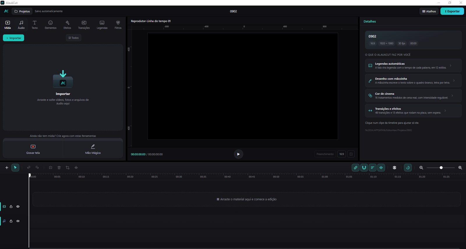 Tela do editor de vídeo AlaukCut